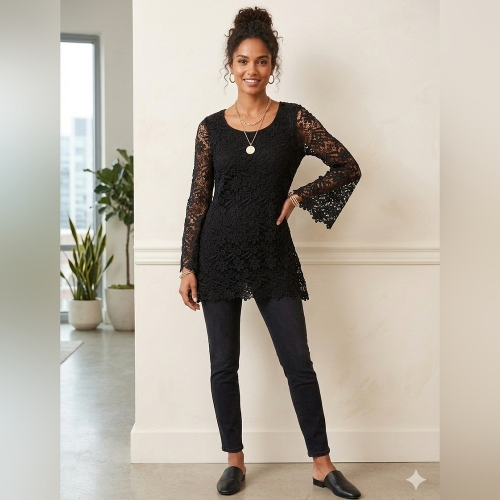 V Cristina Black Floral Guipure Lace Neck Line  Bell Sleeve Tunic